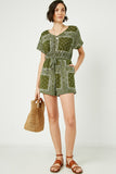 HJ3373 Olive Womens Bandana Print Pocket Knit Romper Full Body