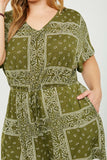 HJ3373W OLIVE Plus Bandana Print Pocket Knit Romper Detail