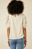 HK1893 Beige Womens Seersucker Textured Puff Sleeve Top Back