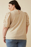 HK1893W Beige Plus Seersucker Textured Puff Sleeve Top Back