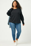 HN4155W BLACK Plus Textured Rib Exaggerated Cuff Knit Top Full Body