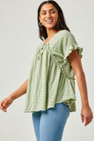 HY5593 SAGE Womens Textured Knit Ruffle Seamed Tassel Tie Top Side