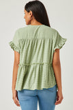 HY5593 SAGE Womens Textured Knit Ruffle Seamed Tassel Tie Top Back