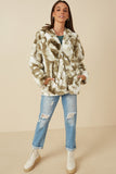 HY7690 Green Womens Camo Print Plush Hooded Jacket Full Body