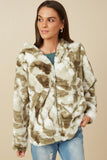 HY7690 Green Womens Camo Print Plush Hooded Jacket Pose